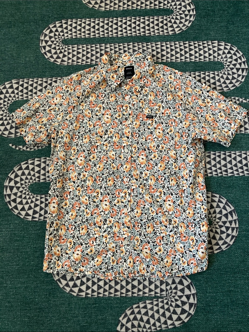 RVCA Short-Sleeve Floral Button-Down Shirt in Orange, Black, and White
